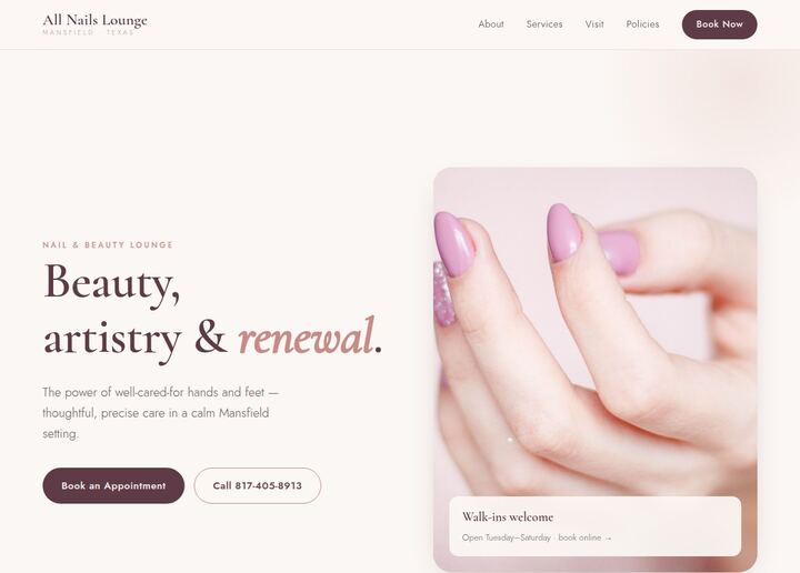 Screenshot of a sample nail salon website